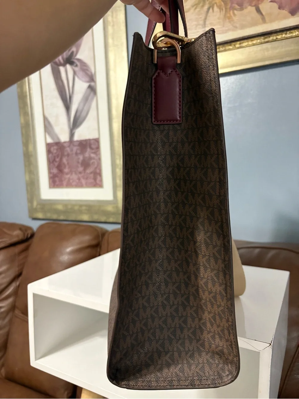 Michael Kors Brown MK Logo Tote with Burgundy Leather Trim